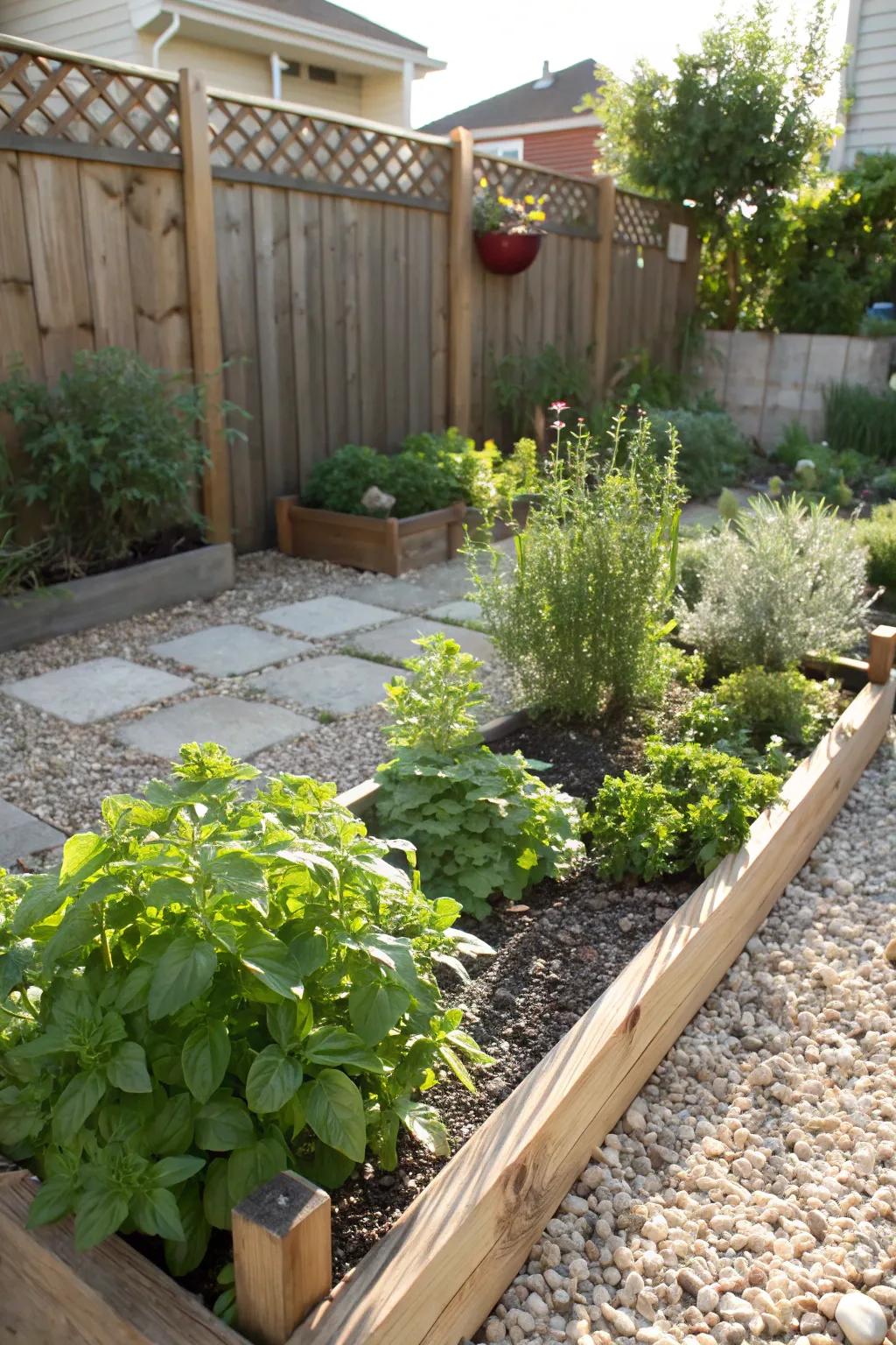 A flourishing herb garden nestled in a bed of gravel.