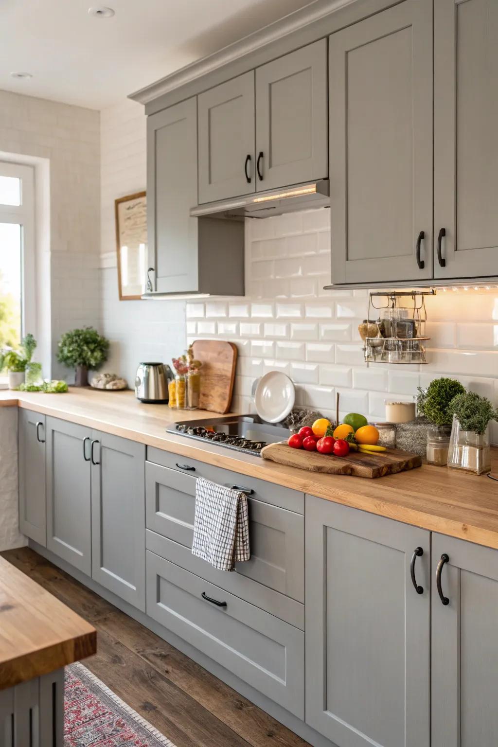 In this kitchen, butcher block countertops add warmth to gray cabinets.