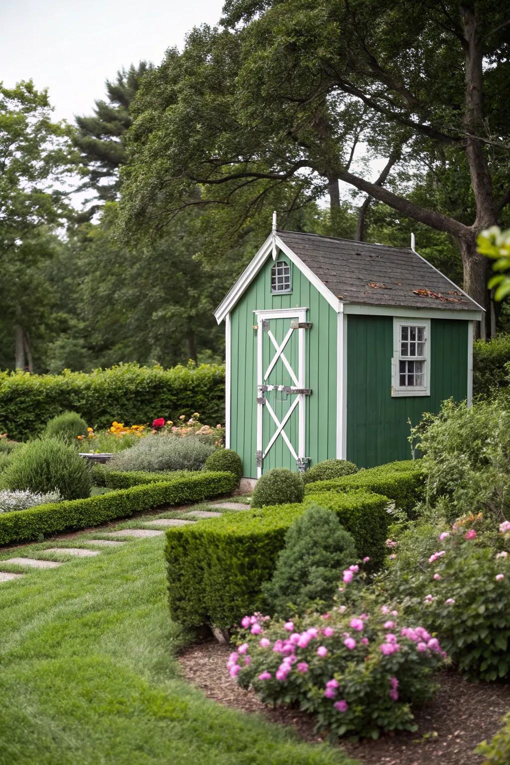 Classic white edges provide a crisp finish to a green shed.