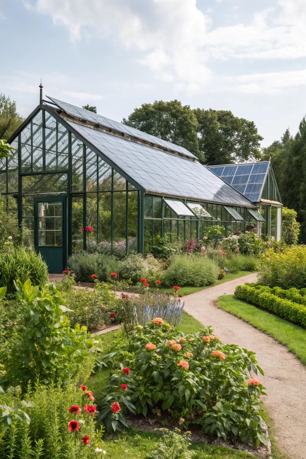 Solar panels give green power to a greenhouse.