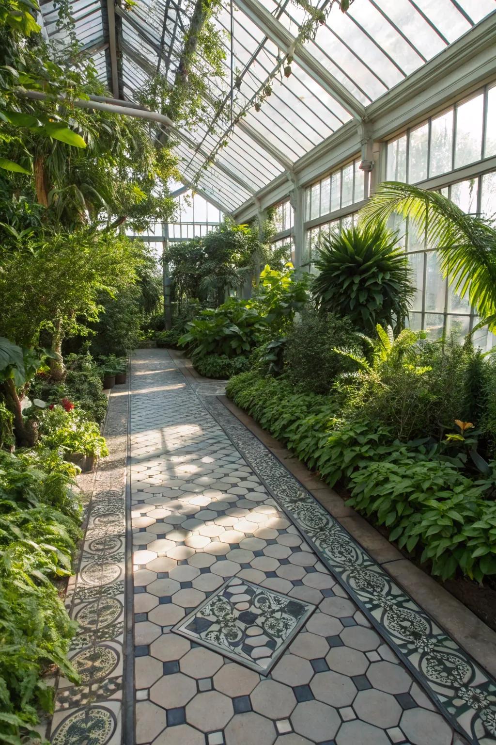 Slate tiles extend a rustic and sophisticated greenhouse floor.