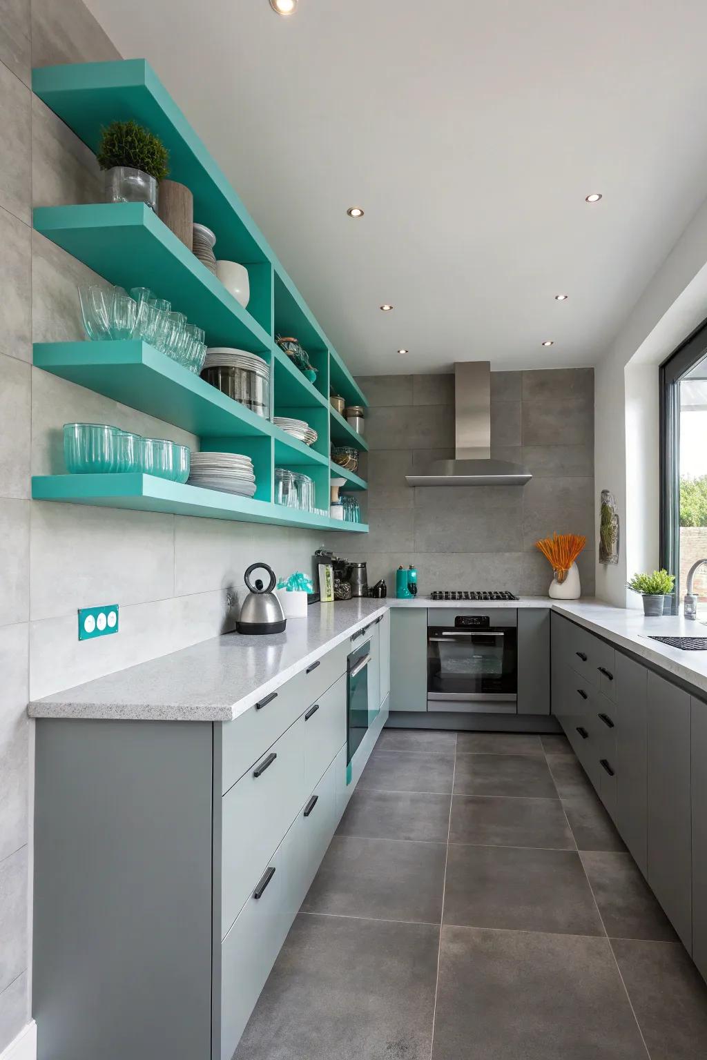 Suspended shelves provide both style and storage in azure.