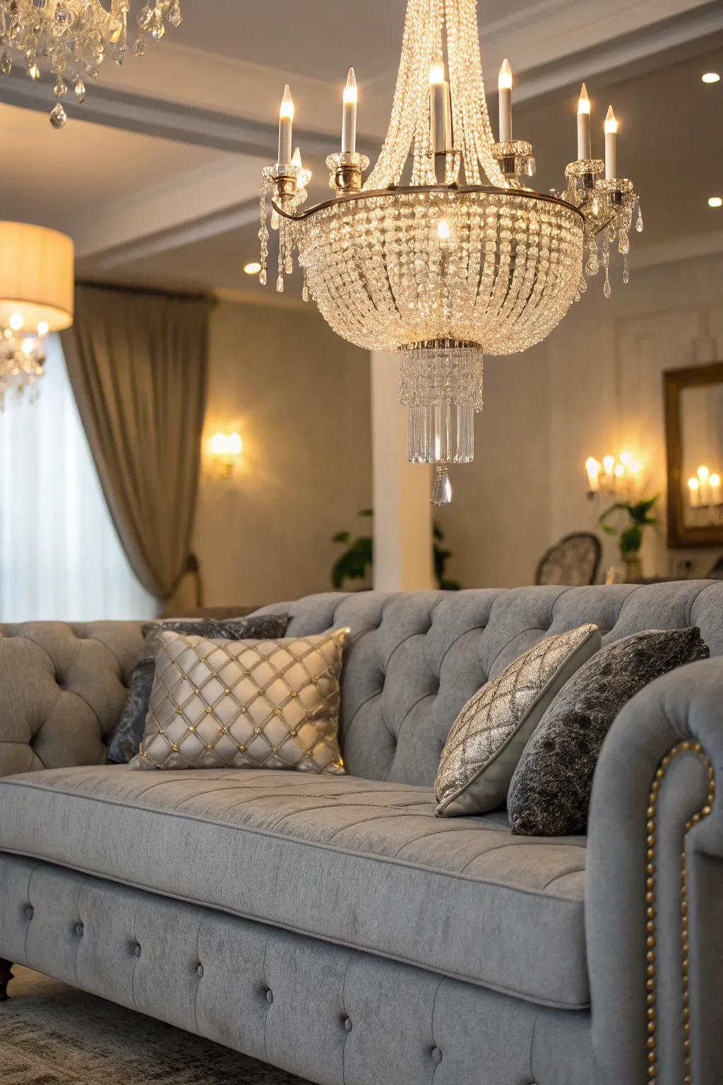 Glamorous accents elevate the elegance of a gray sofa.