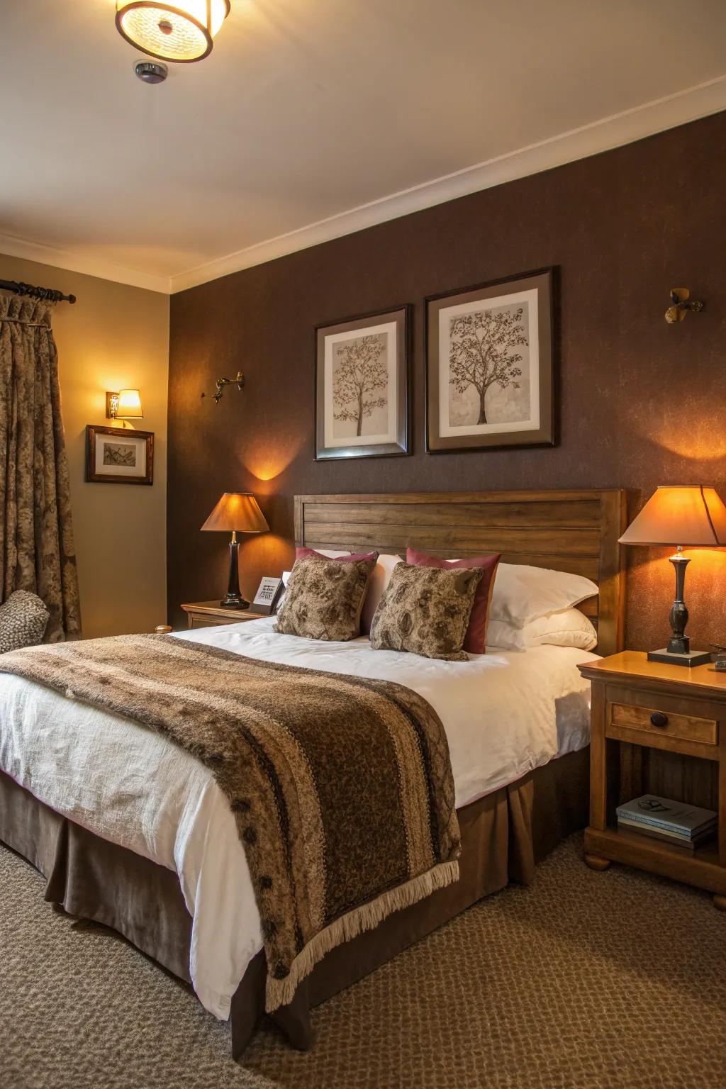 A cozy guest room featuring warm milk chocolate walls.