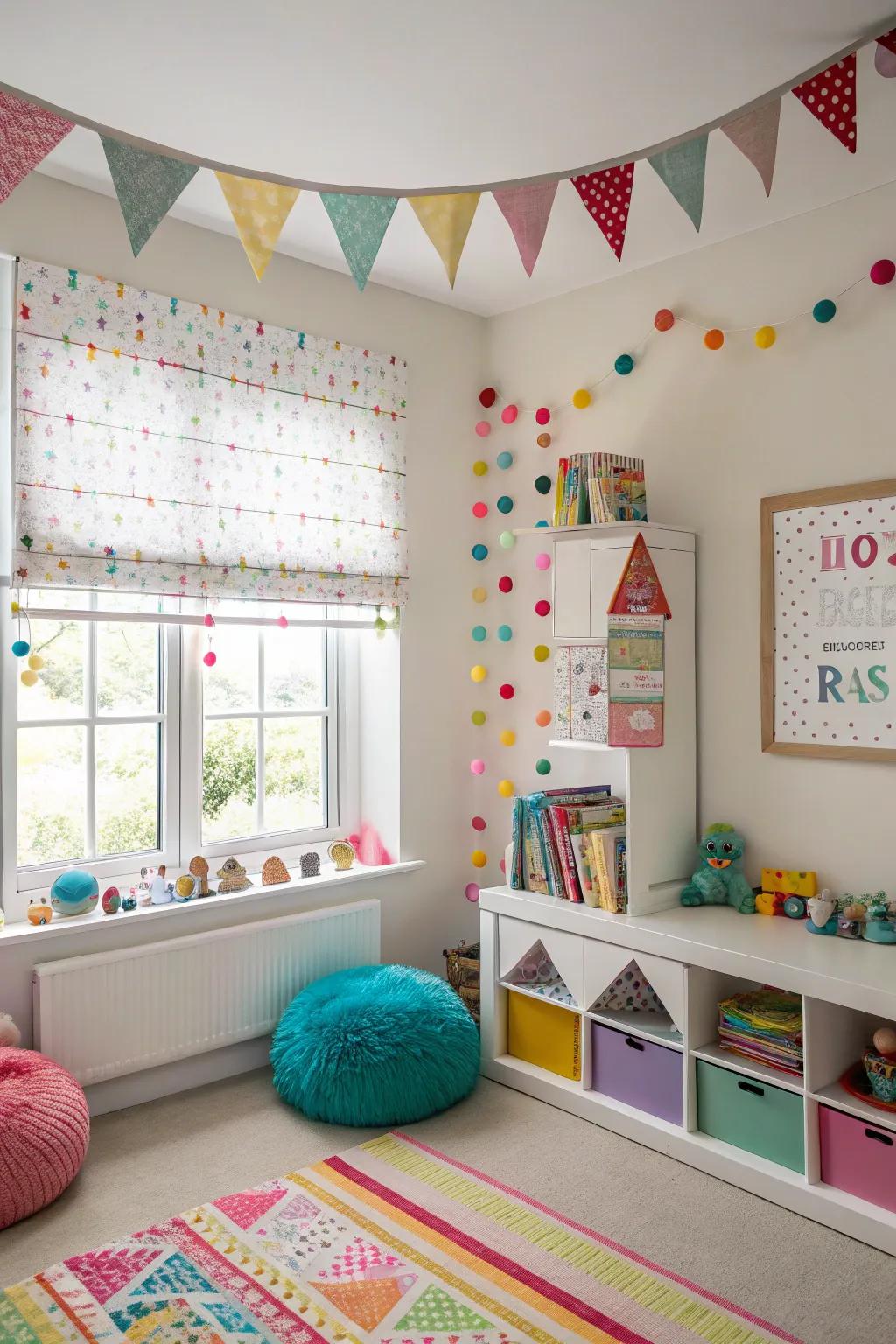 A playful children's room accented with bauble embellished blinds.