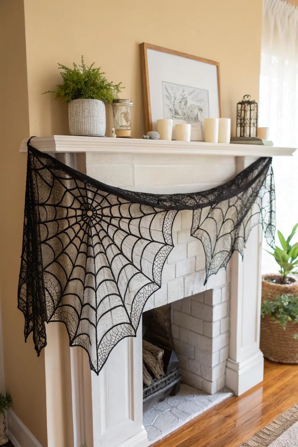 Incorporate a hint of sophistication into your Halloween with this exquisitely fashioned cobweb mantle scarf.