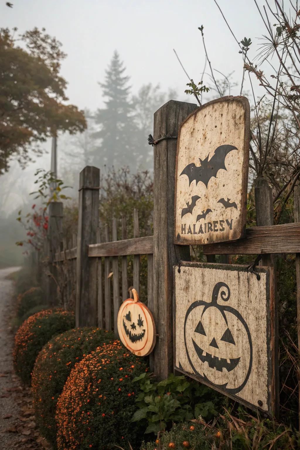 Vintage-inspired signs contributing timeless charm to Halloween decorations.