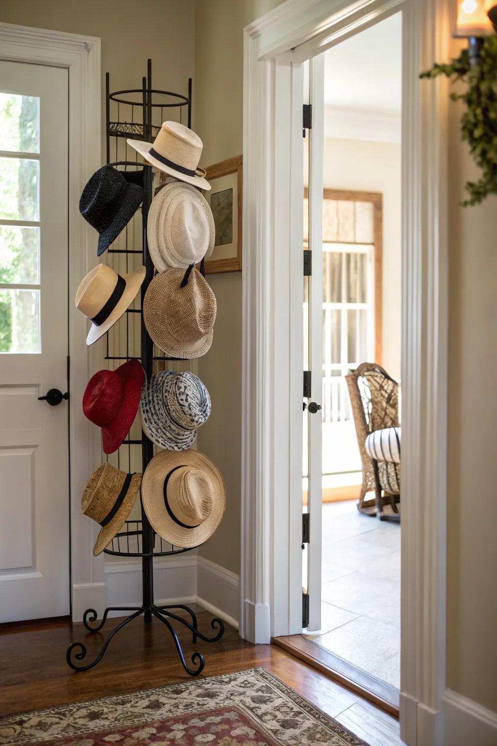 Hat stands provide effortless access and elegant exhibit.