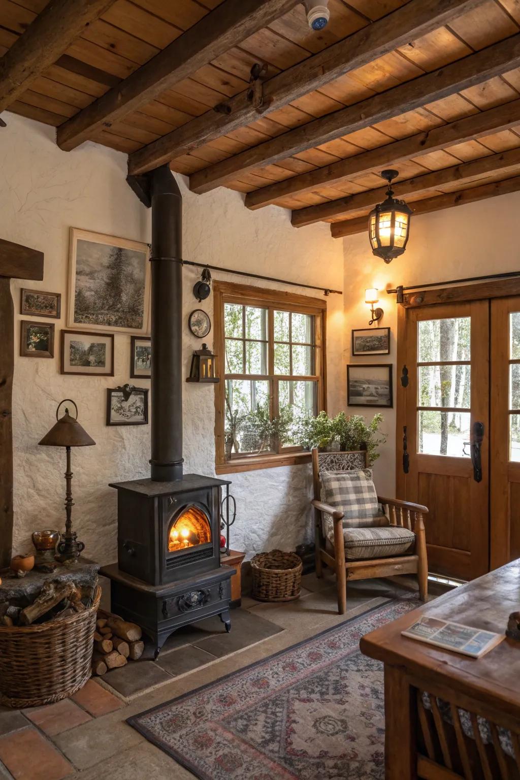 A rustic living space showcasing a chimney heater, enhancing both warmth and personality.