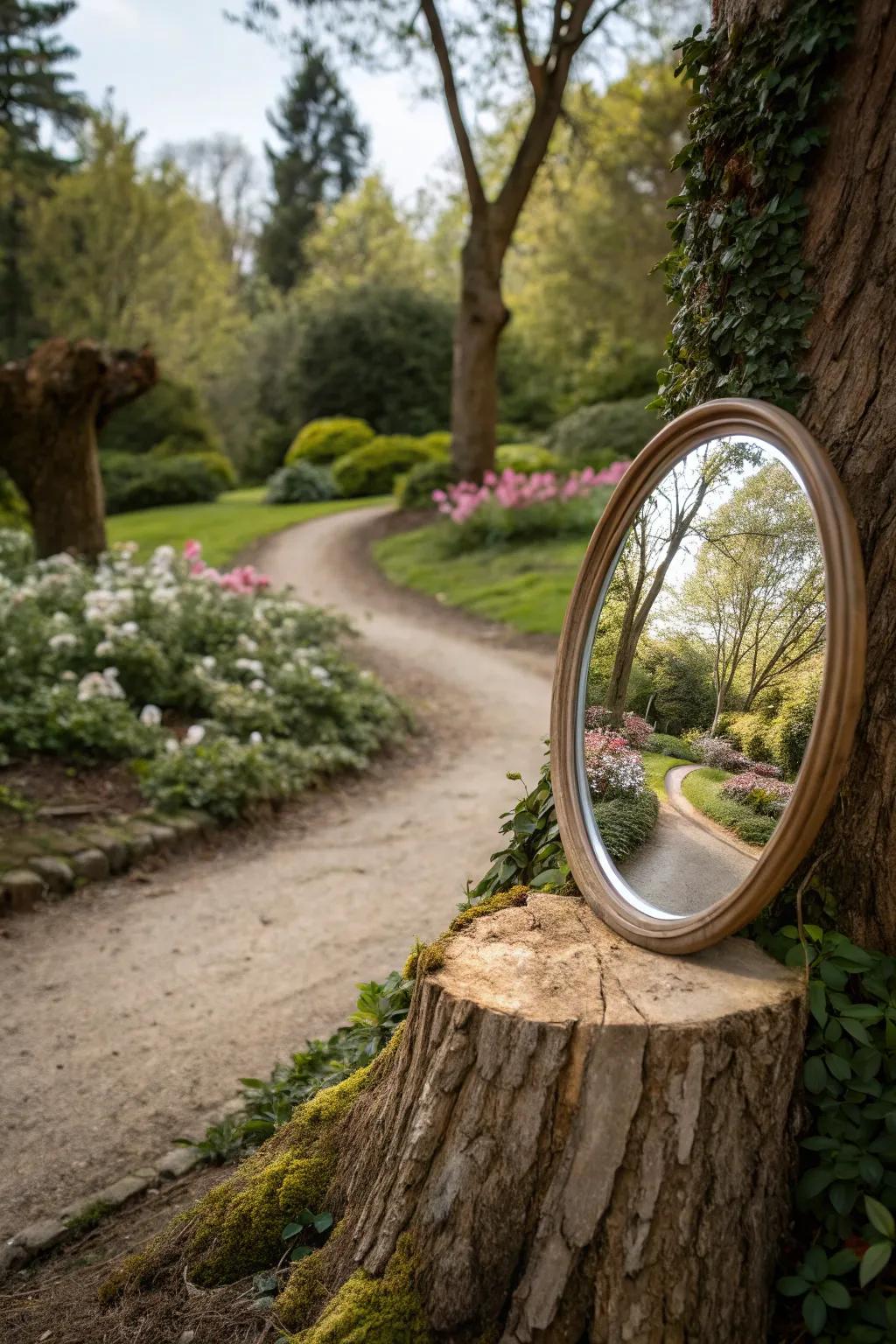 An outdoor reflection display positioned on a tree stump enhances garden aesthetics.