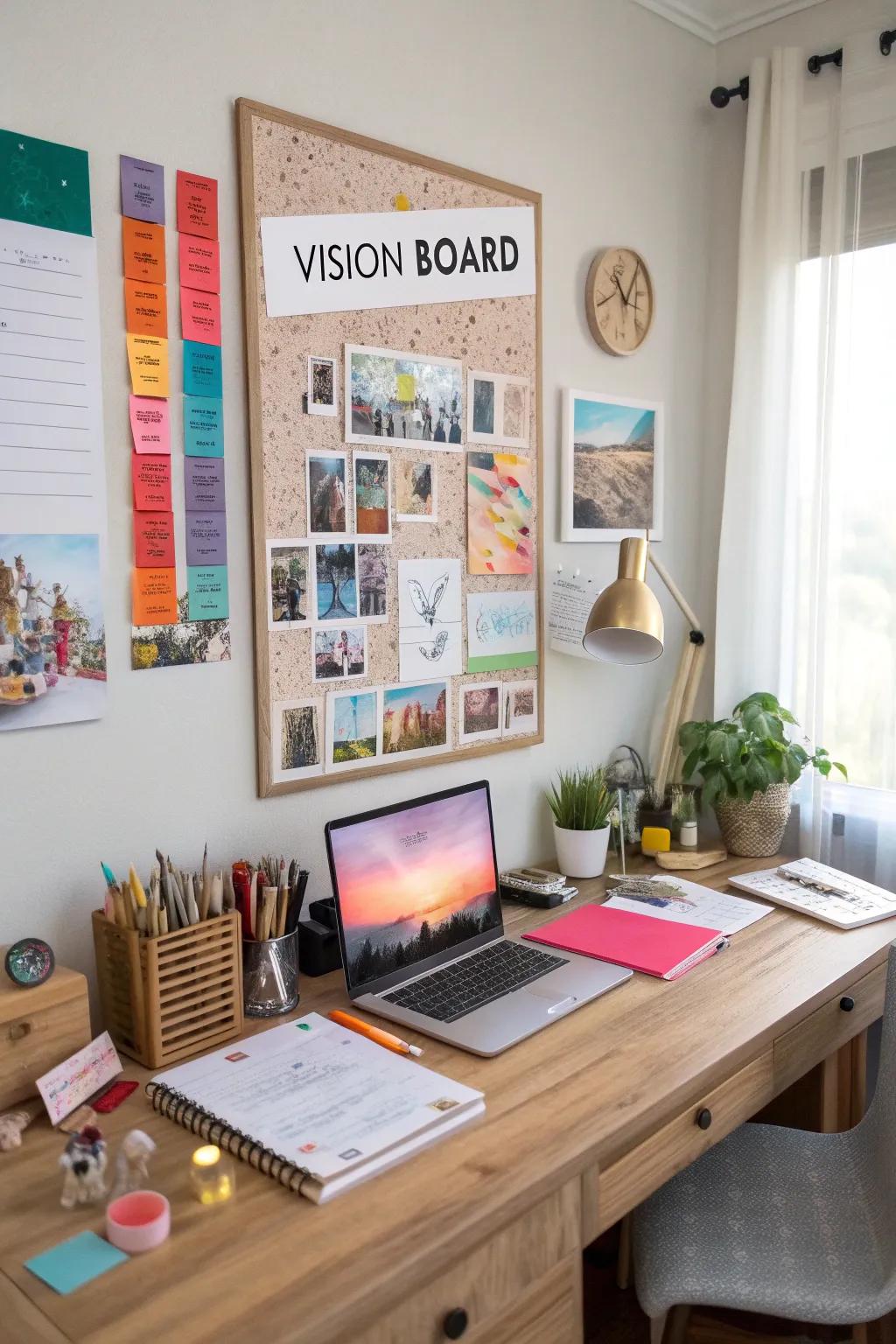 A vision board fuels daily inspiration and motivation in a home office setting.
