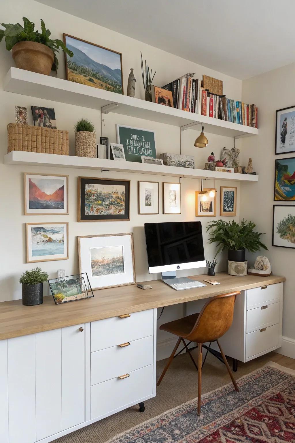 Shelving integrated with art screens introduces refinement.