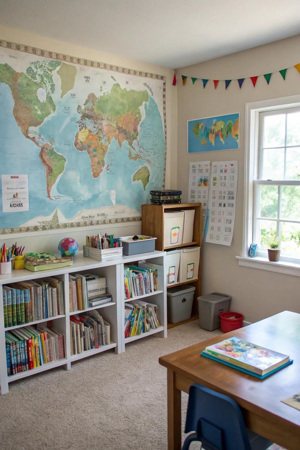World maps serve as educational and visually striking features in homeschool spaces.
