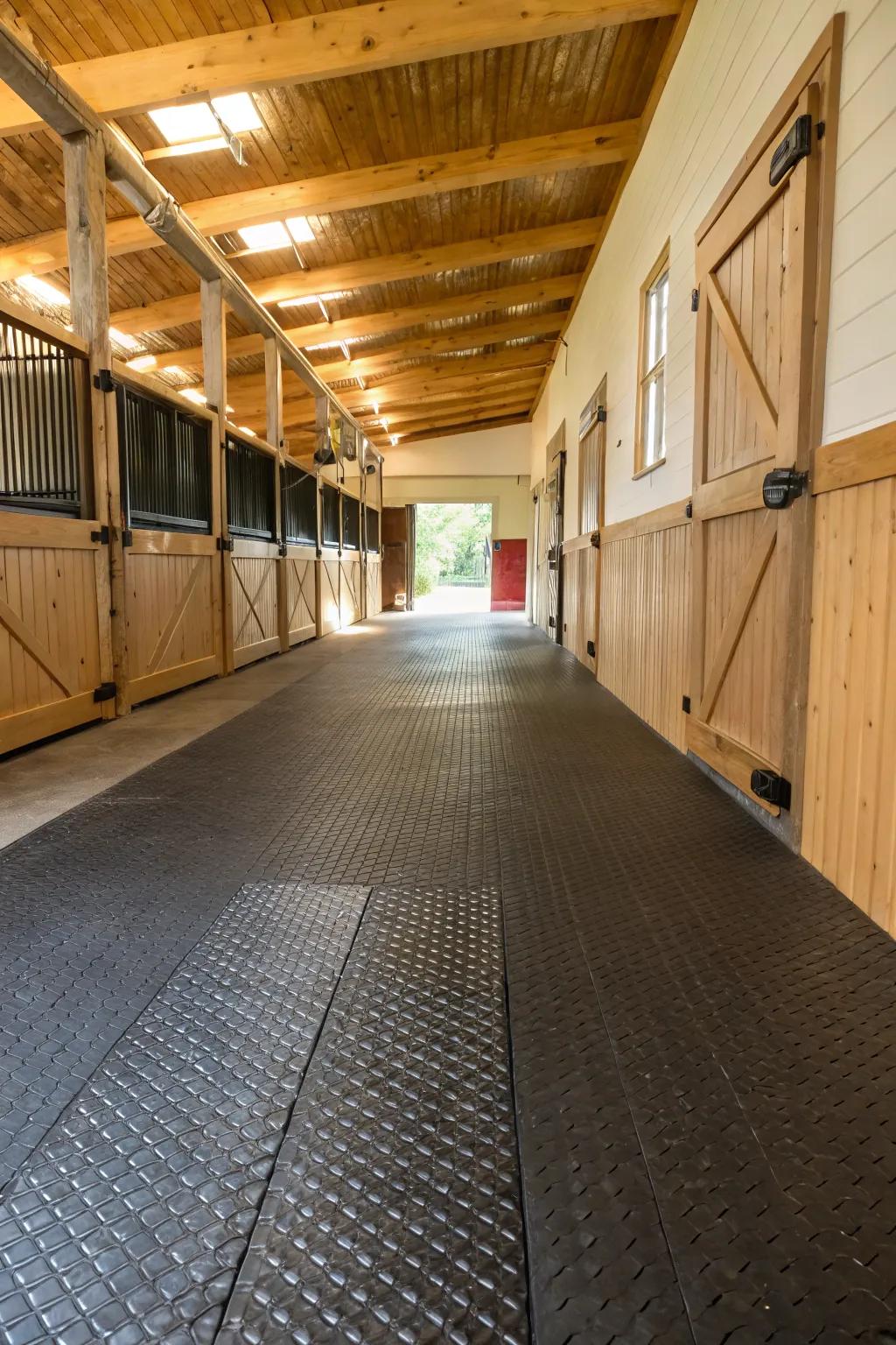 Polymer tiles offer a resilient and agreeable ground cover choice for equine facility walkways.