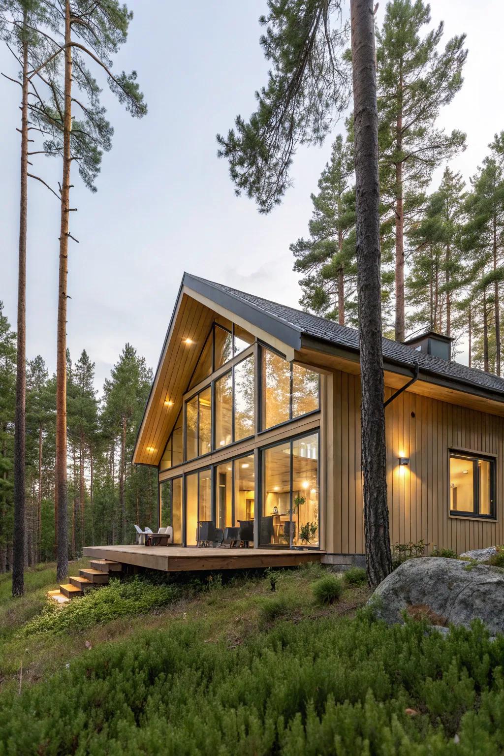 A cozy Nordic shelter nestled in the woods.