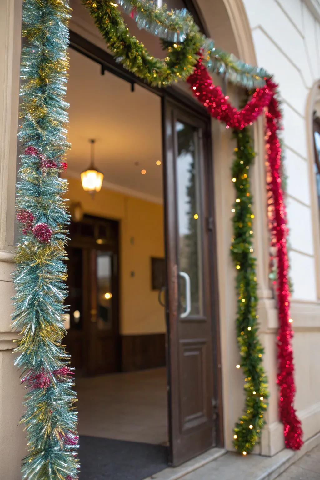 A gateway adorned with cascading glittery strands festoons.