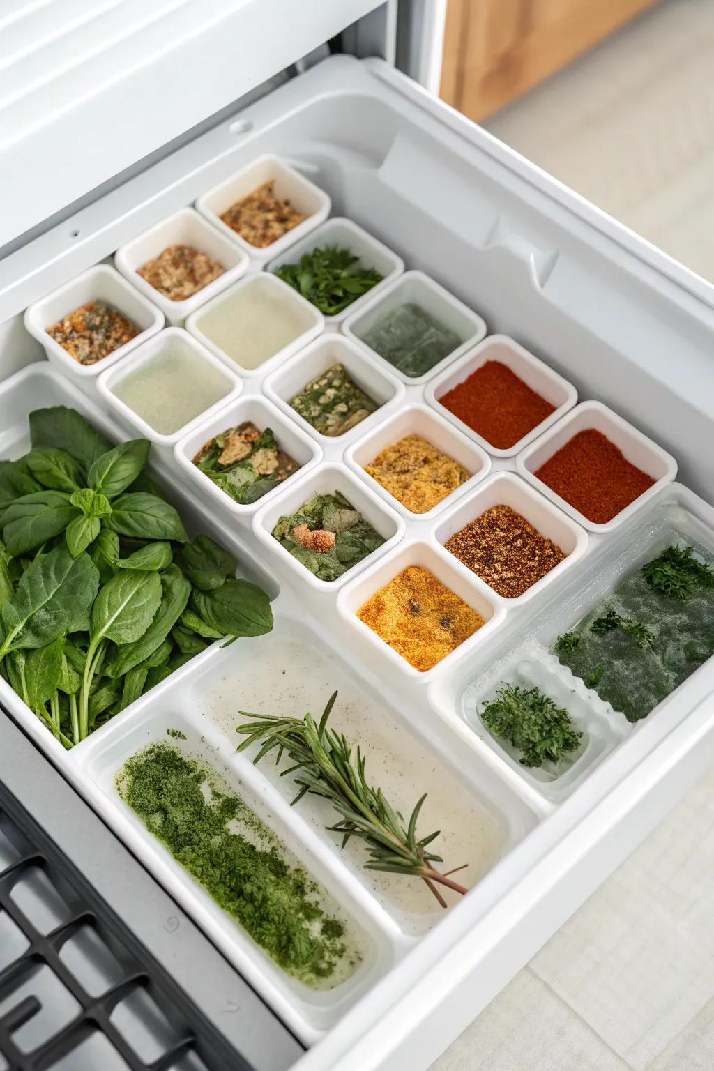 Herbs and spices stored in ice cube trays.