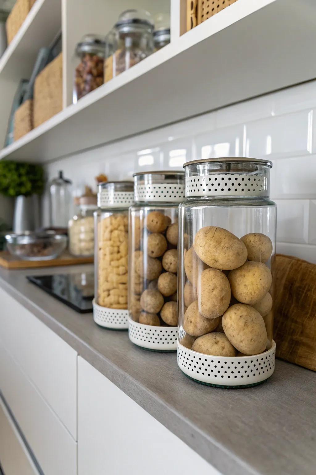 Elegant and organized potato storage with modern glass jars.