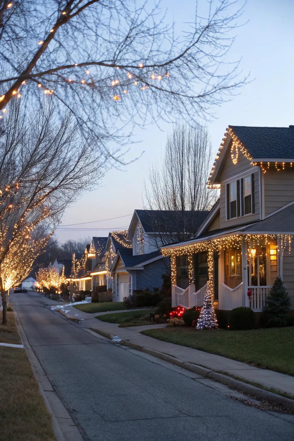 A neighborhood transformed into a cohesive winter wonderland with dazzle drops.