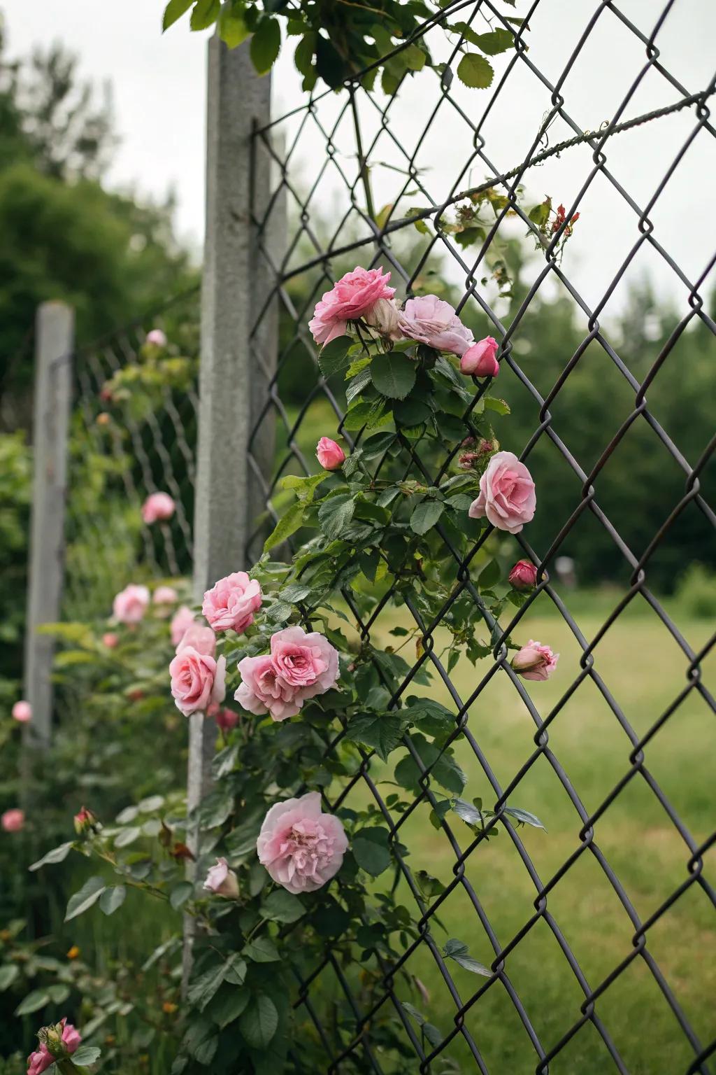 Trellis with roses adds romance and fragrance to seclusion.