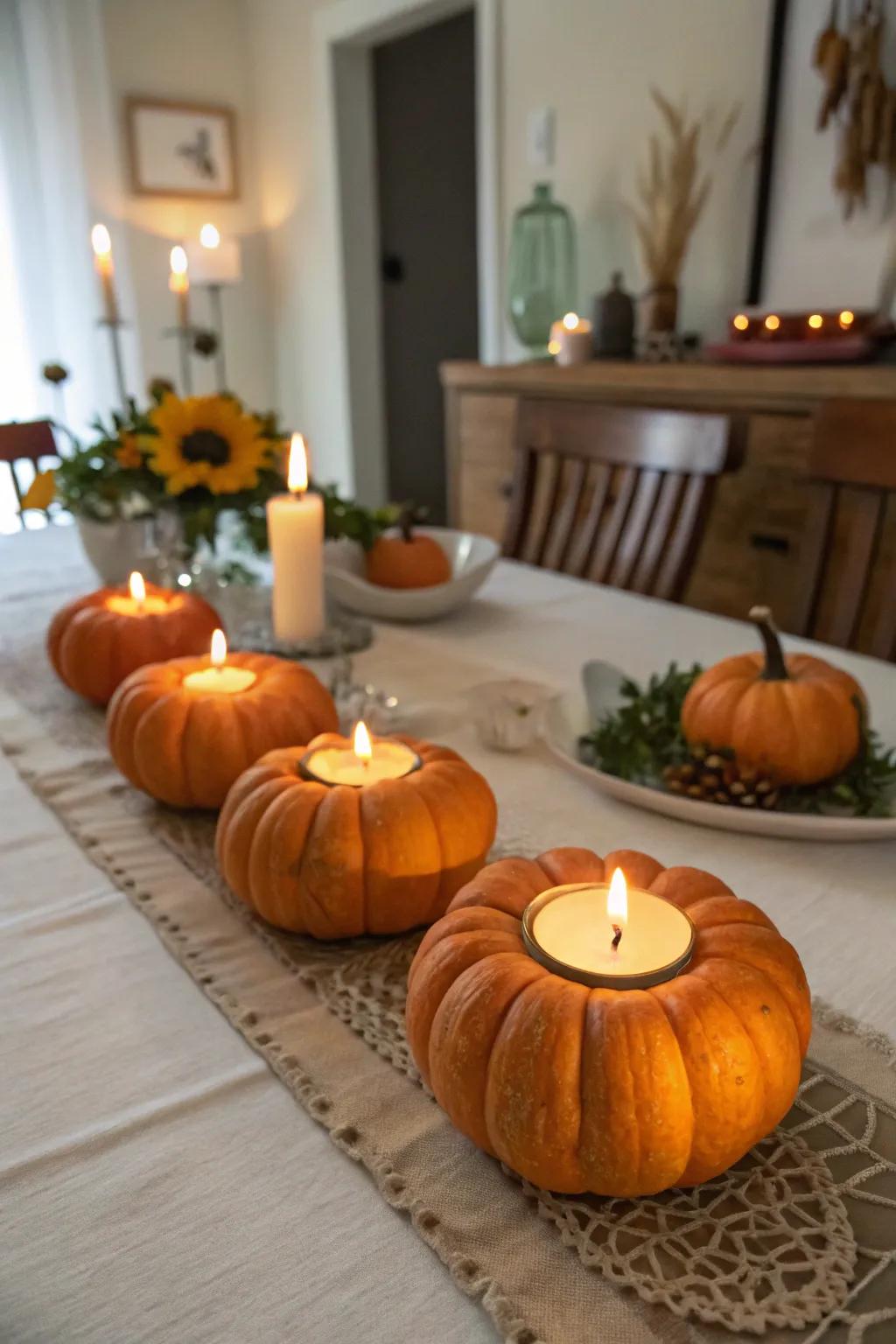 Pumpkin light bases creating a toasty and inviting atmosphere.