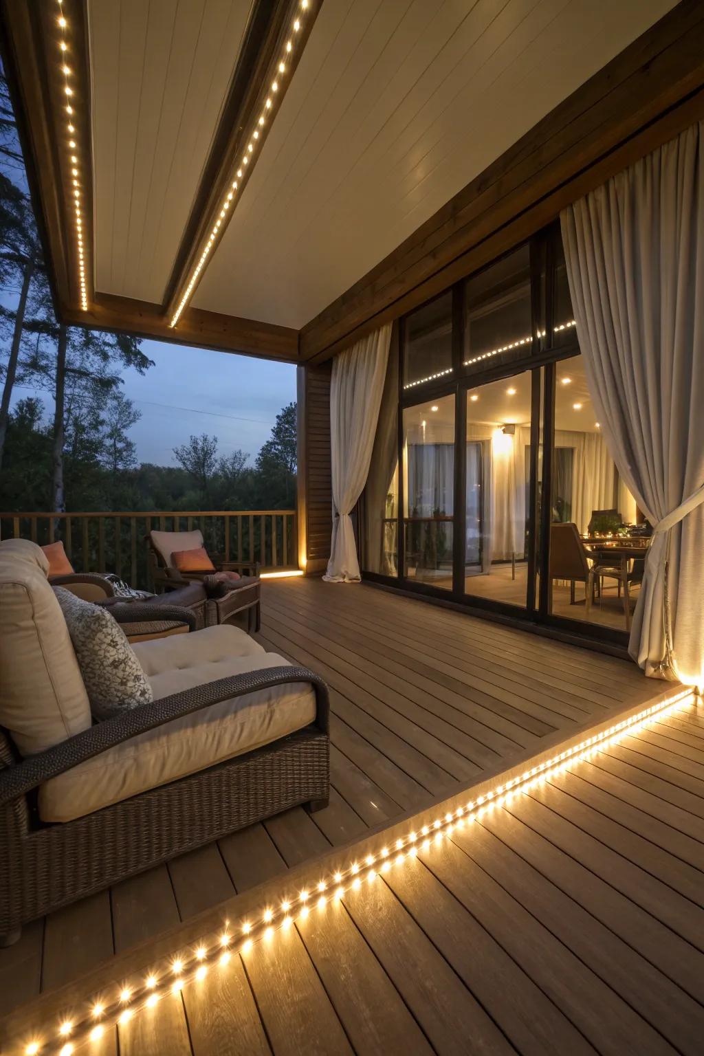 This indoor deck is given a cozy shine with LED strip lighting.