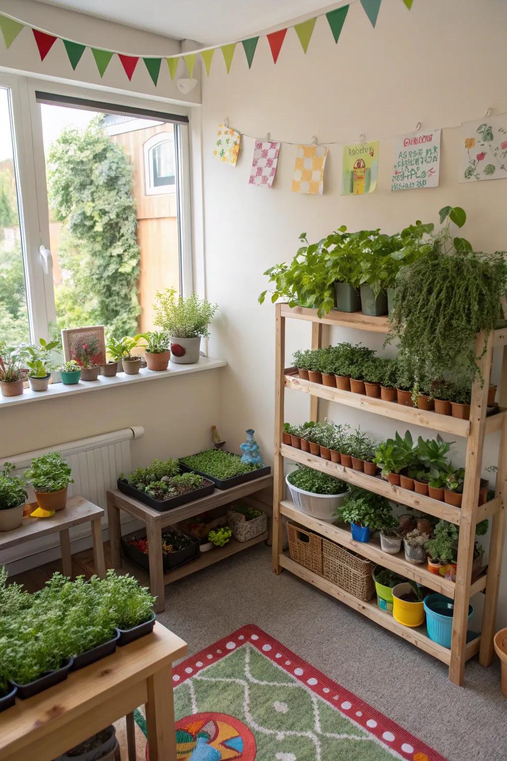 An interior garden alcove unifies children through untamed world indoors.