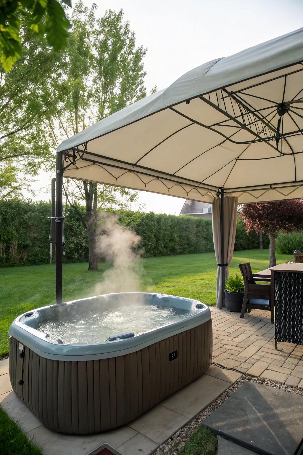 A shade allows for all-weather use of the bubbly spa.