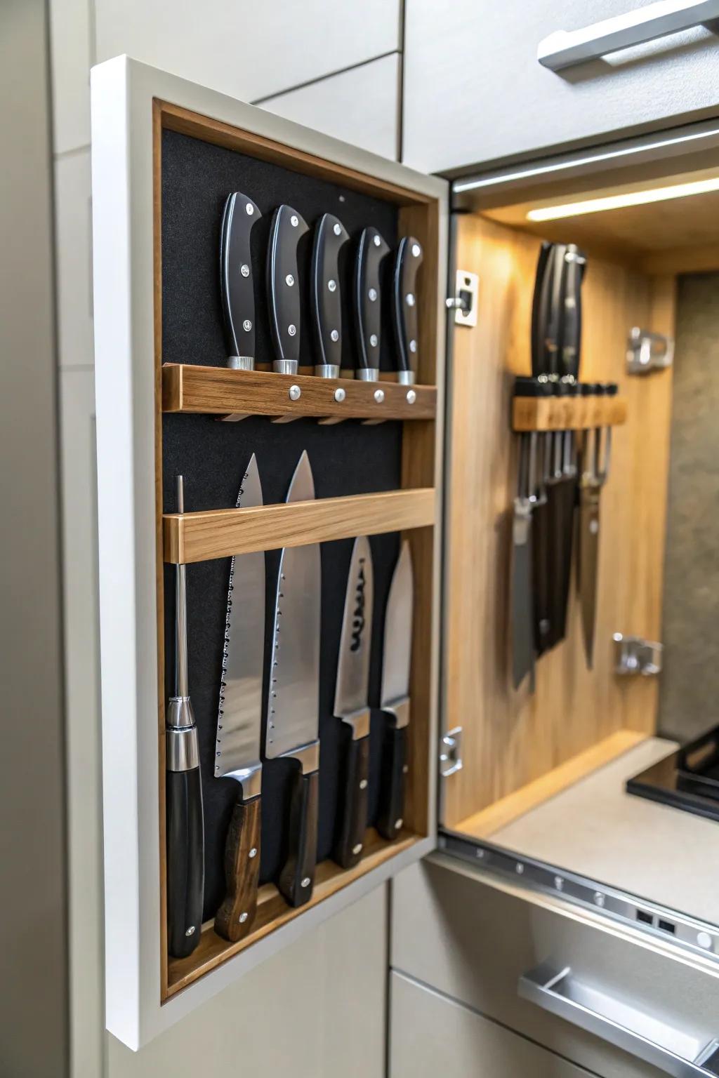 A magnetic knife strip is sleek, safe, and space-saving.