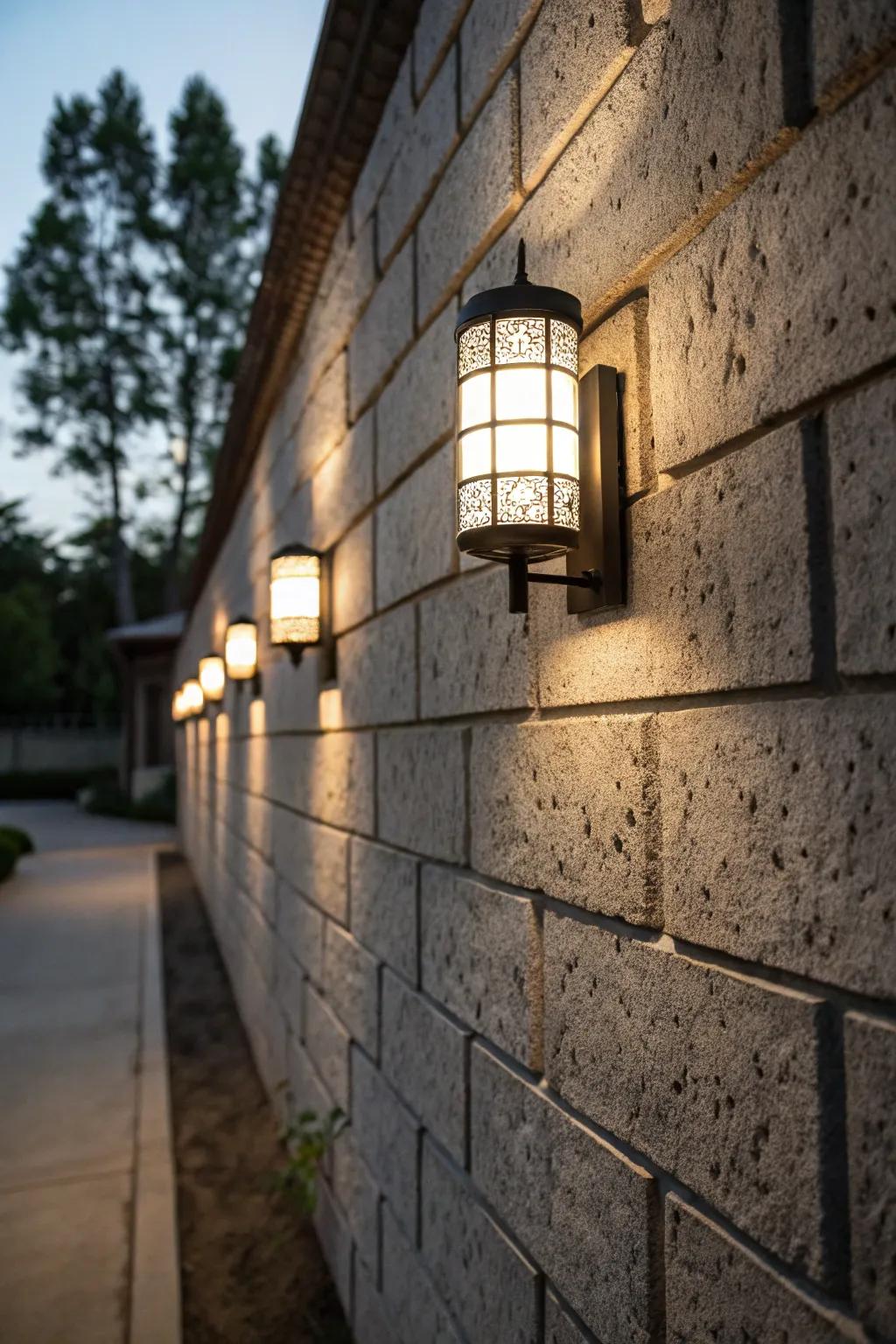 Sophisticated light installations enhance the texture of a cinder block wall.