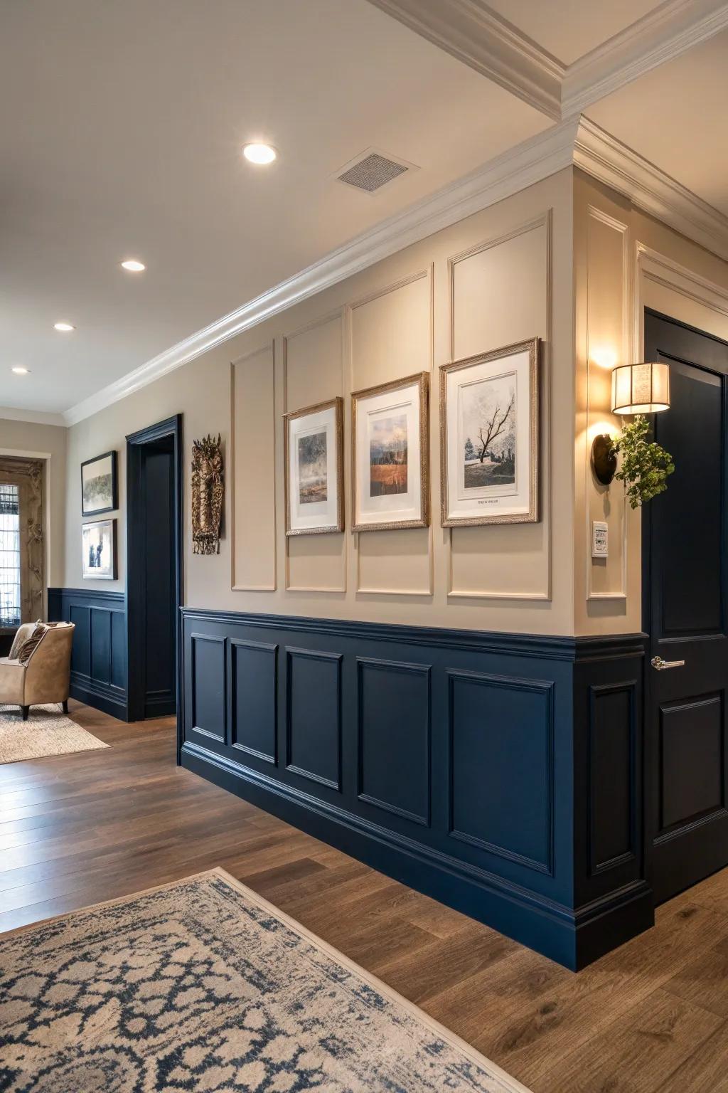 A room featuring deep navy baseboards, delivering a striking contrast.