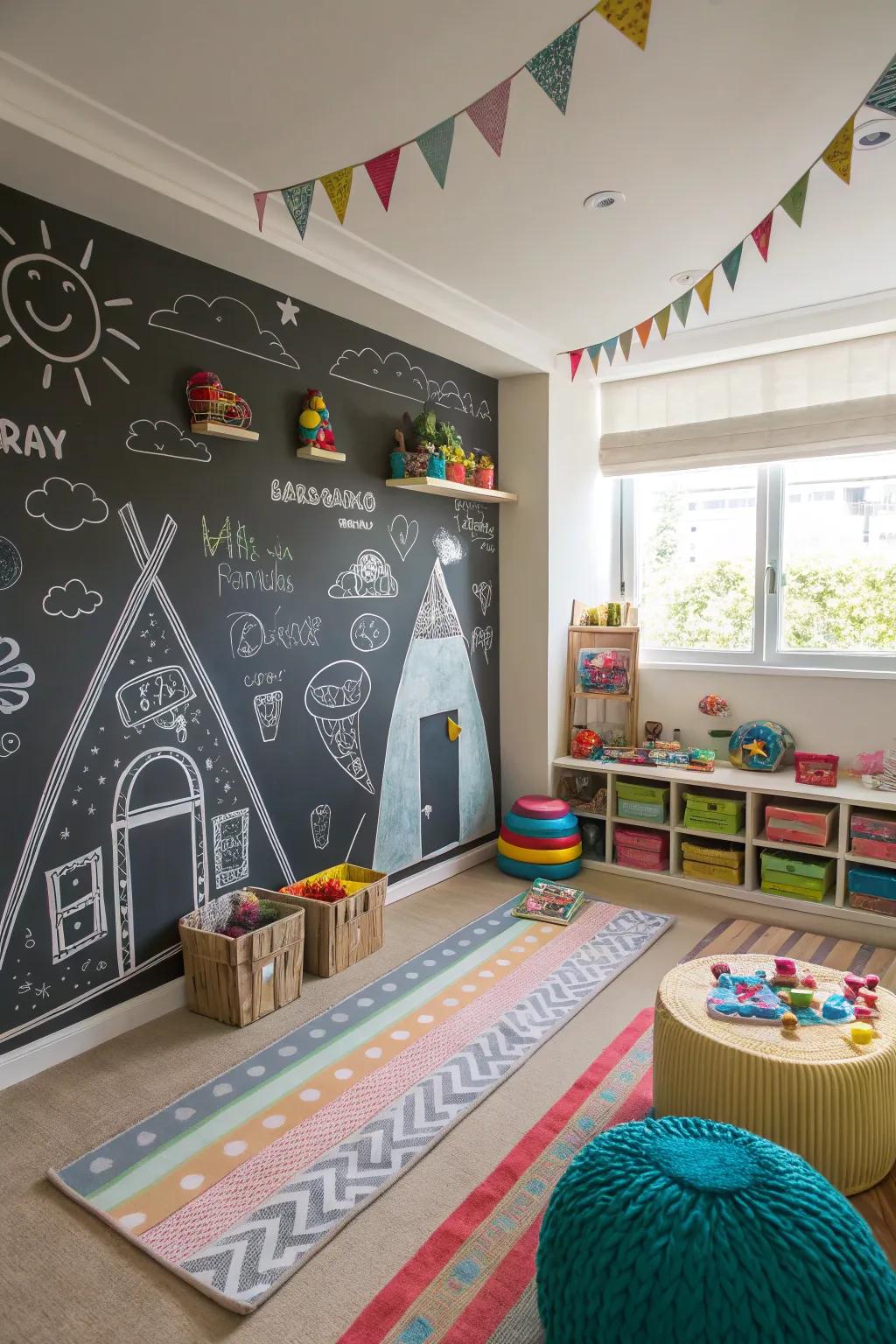 A playroom with interactive chalkboard wallpaper, inviting endless creativity.