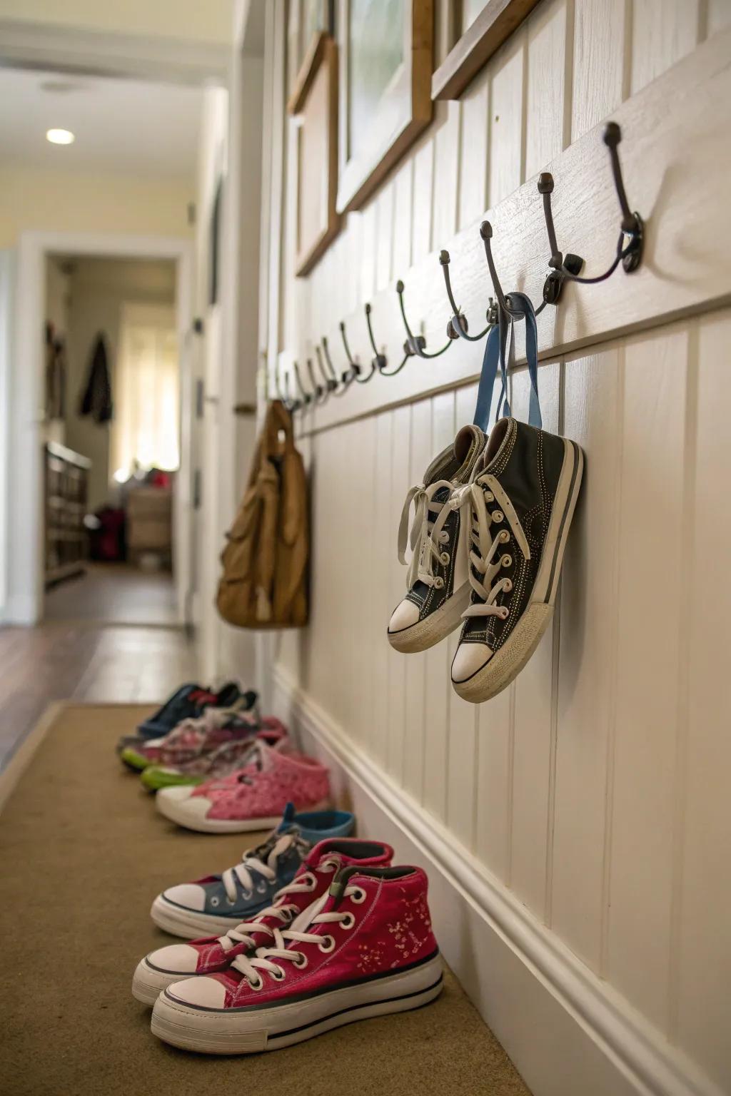 Use hooks for a straightforward shoe suspending solution.
