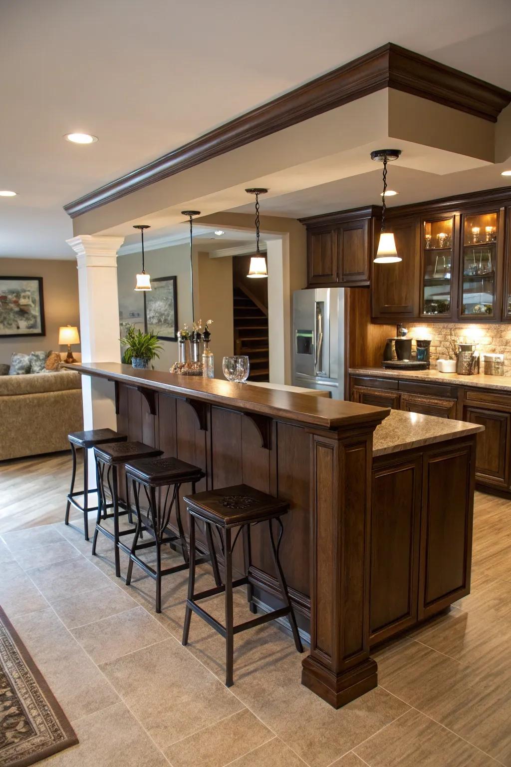 Visual boundaries in open-plan areas with a bar counter.