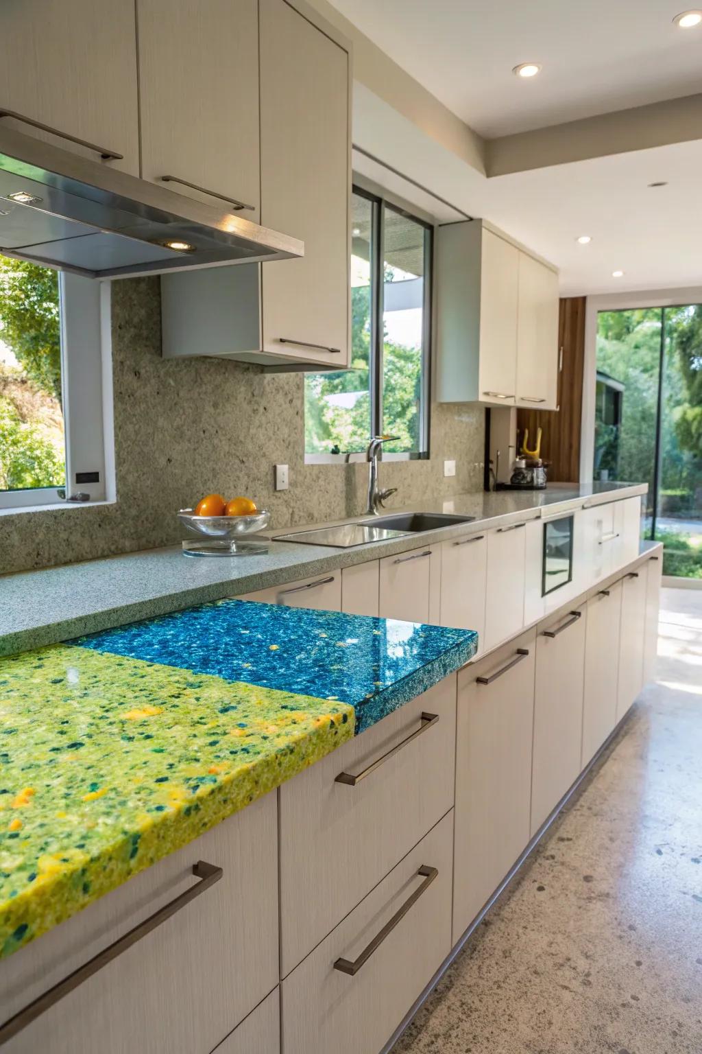 Repurposed vitreous countertops impart an eco-conscious and artistic impression.