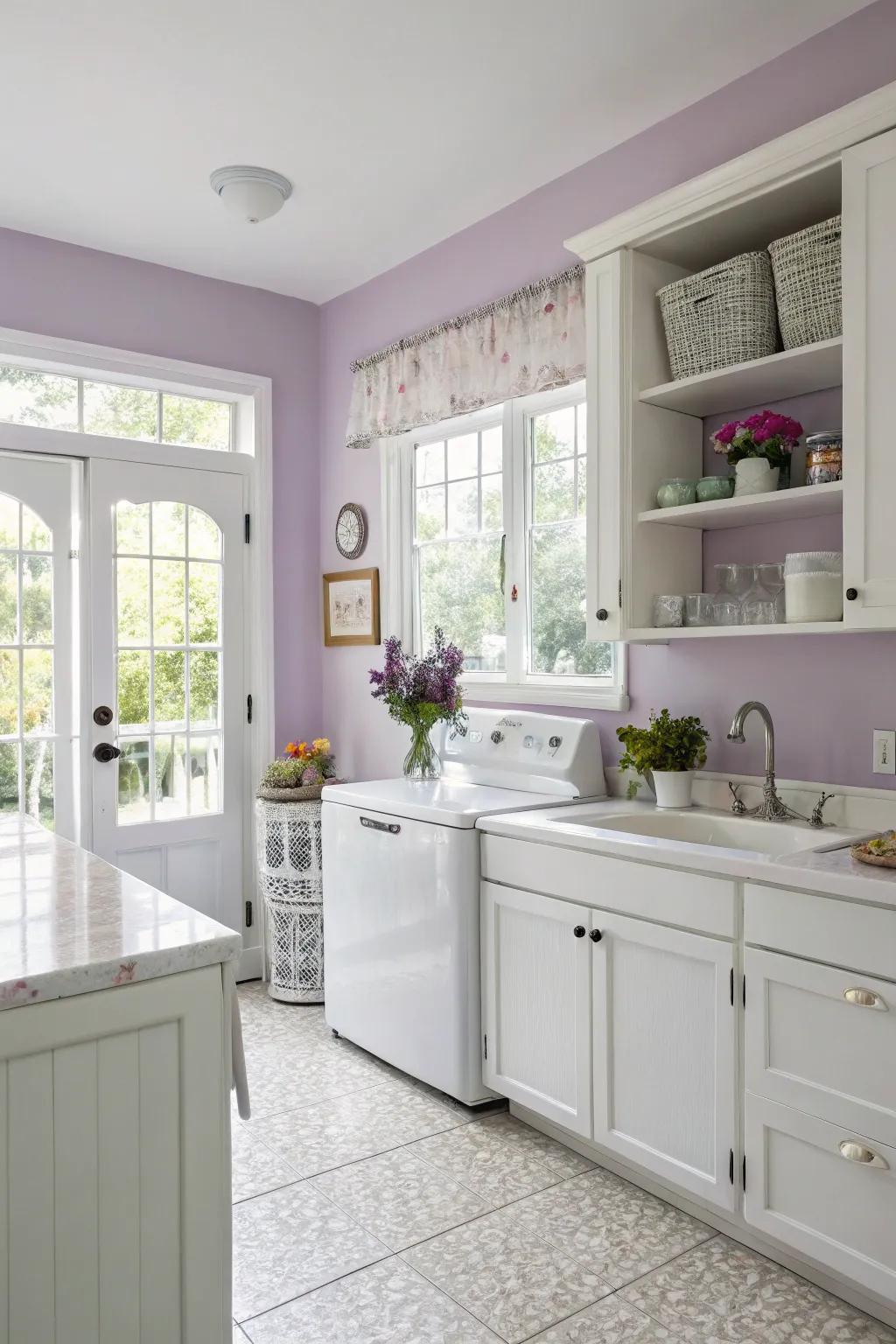 Tender lilac hues create a calming and serene kitchen environment.