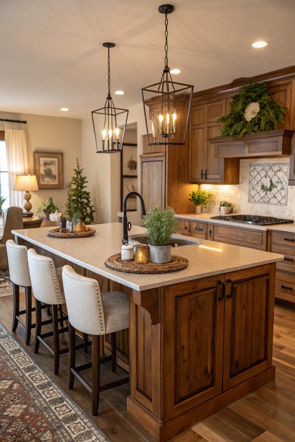A welcoming kitchen island radiating the rich warmth of wooden accents.
