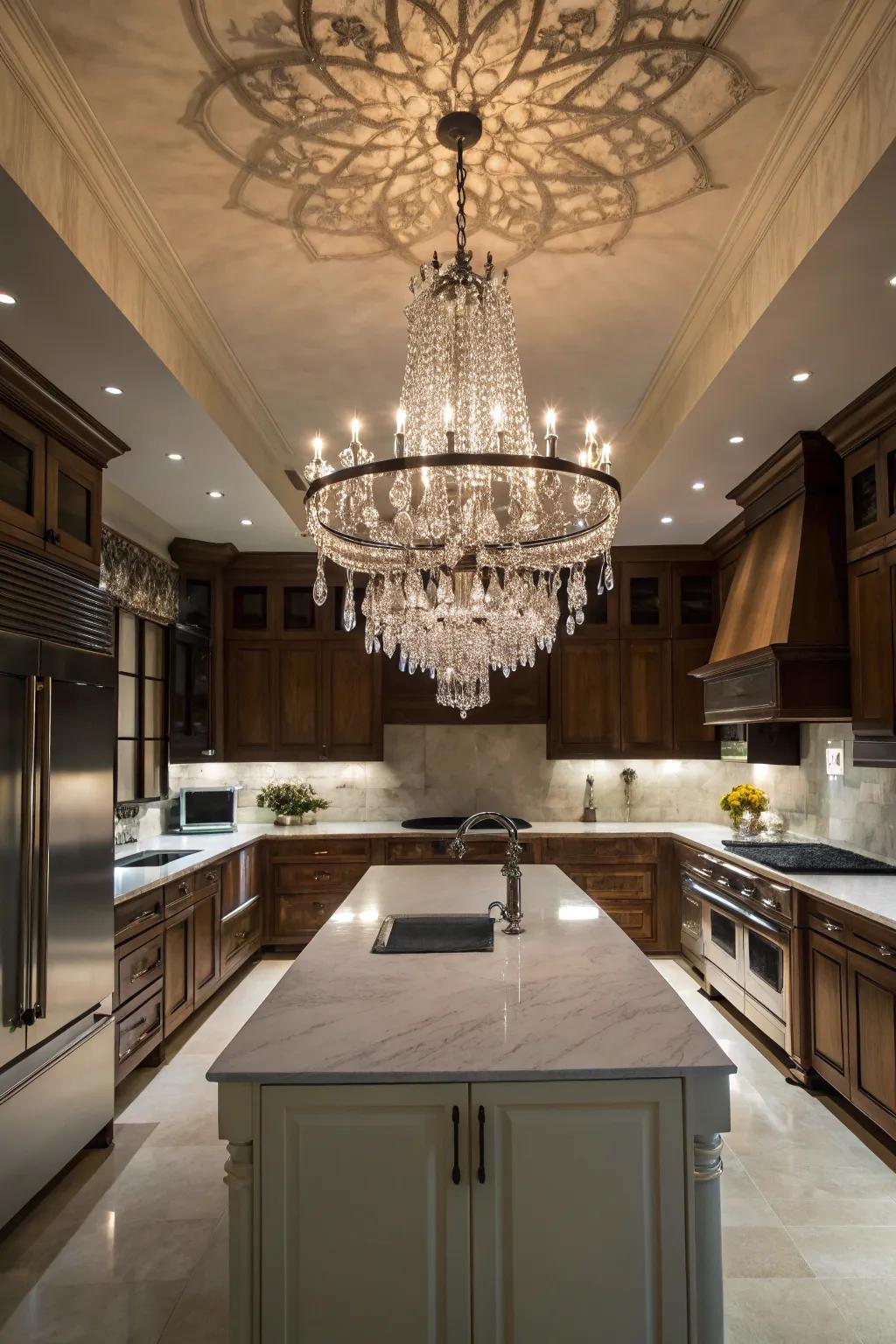 An artistic chandelier serves as the striking focal point within this cooking space.