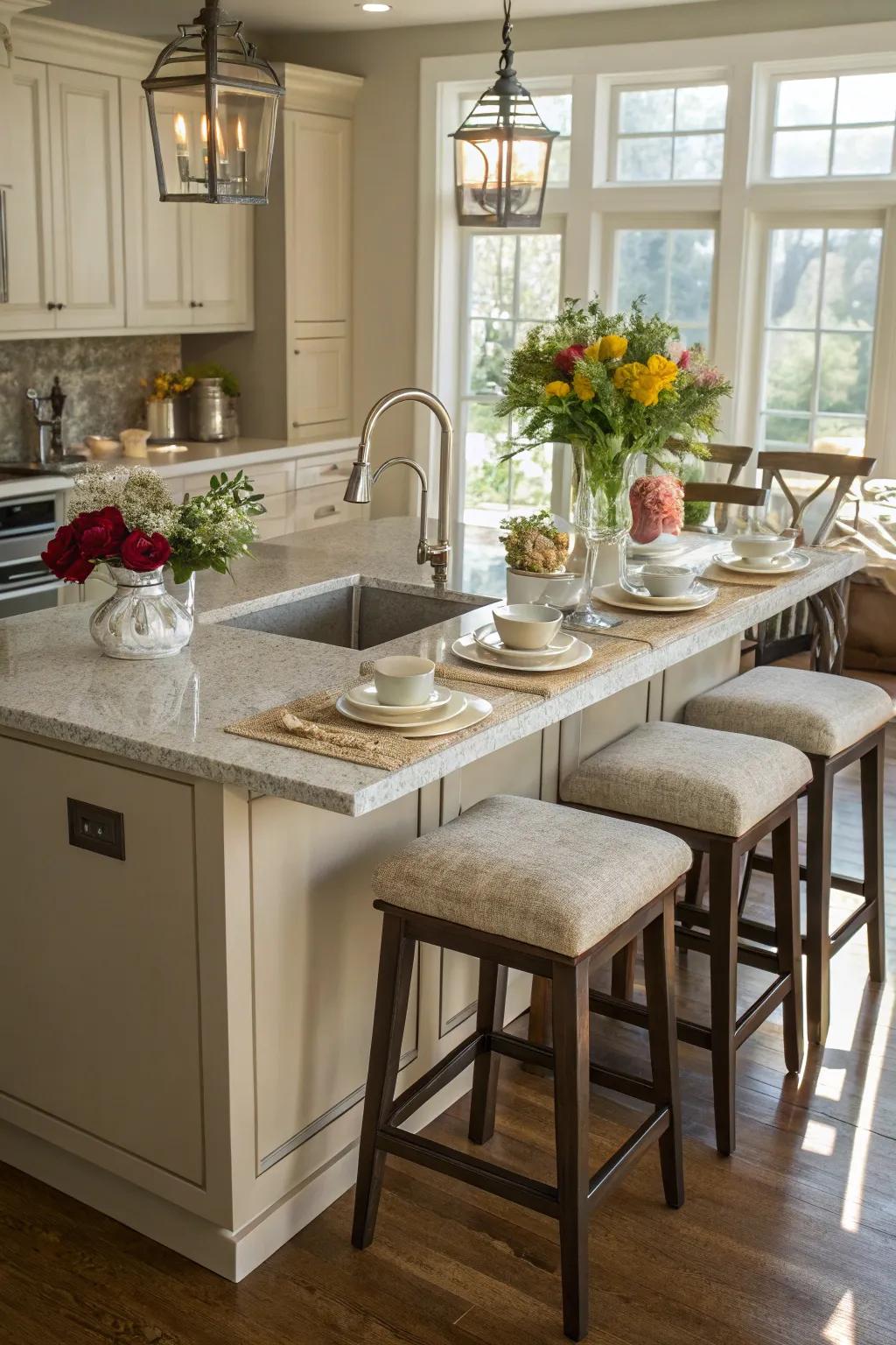 A multi-purpose island becomes the heart of the kitchen.