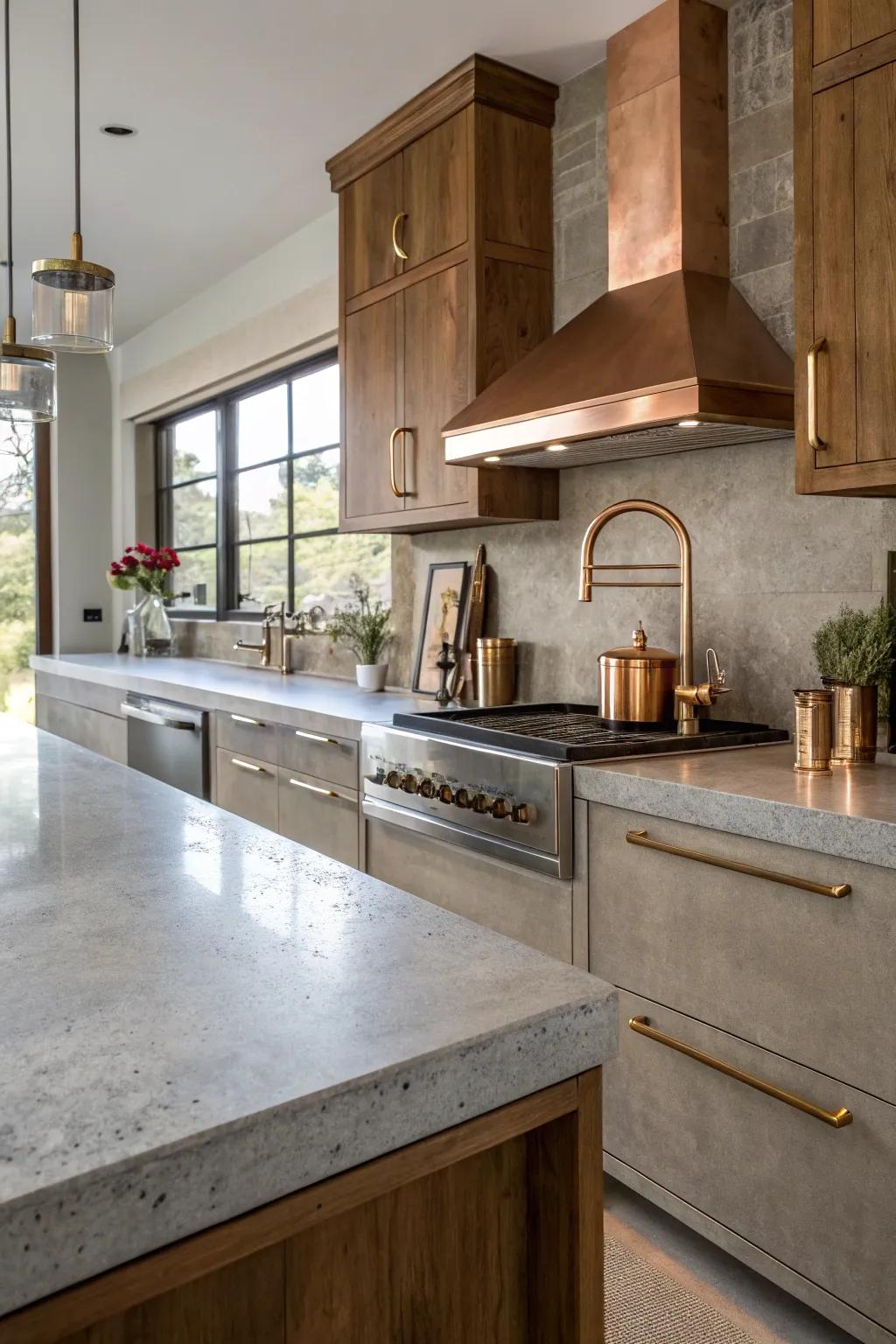 A luxurious kitchen design featuring concrete countertops and metallic accents.