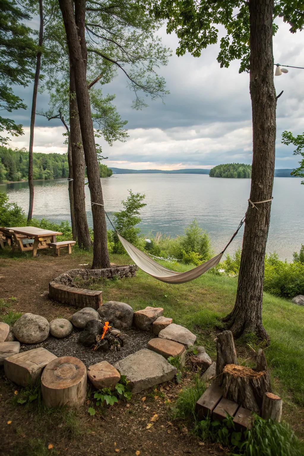 A hammock expanse next to the fire pit delivers a serene escape next to the water.
