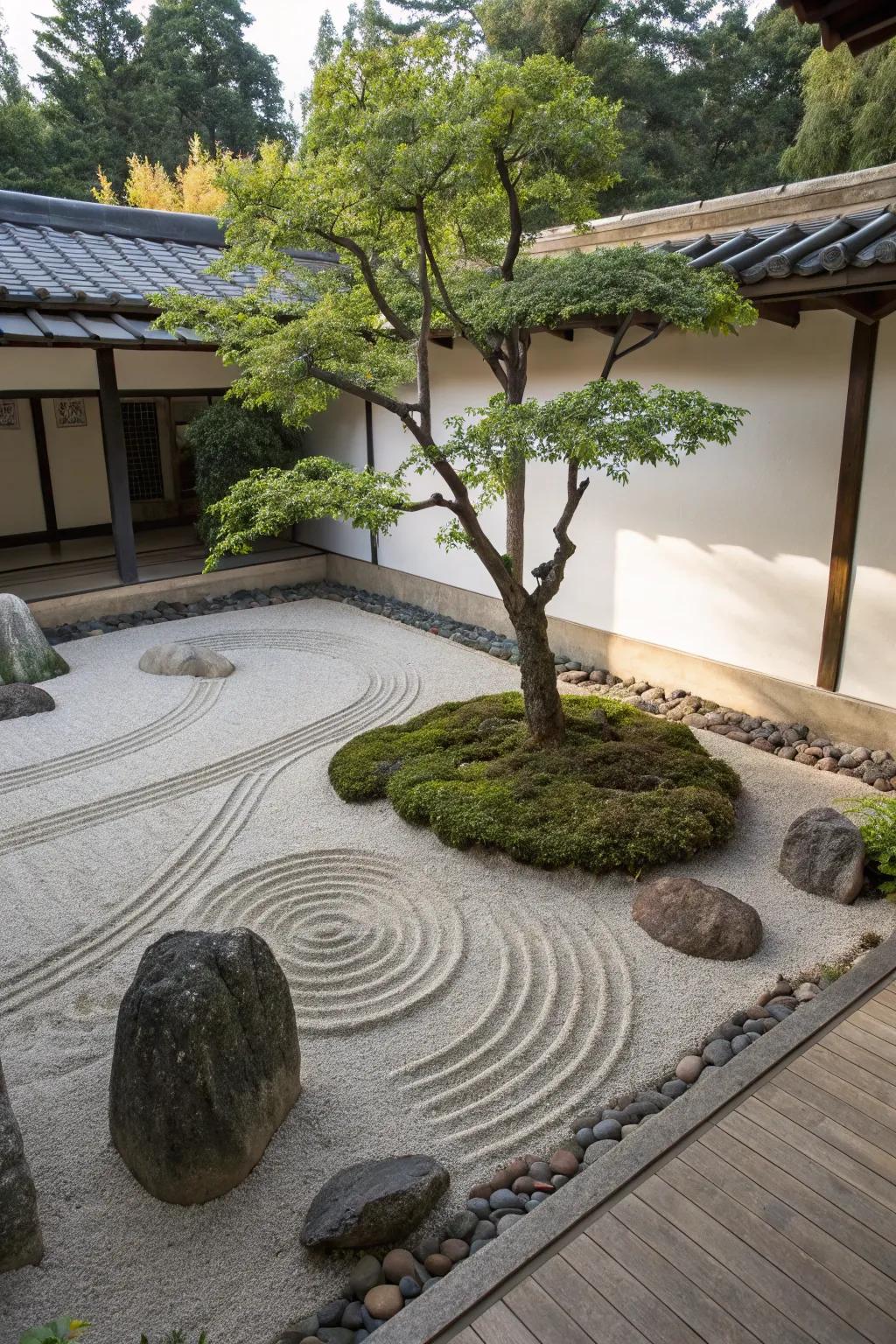 A Zen garden offers a calm, meditative landscape around trees.