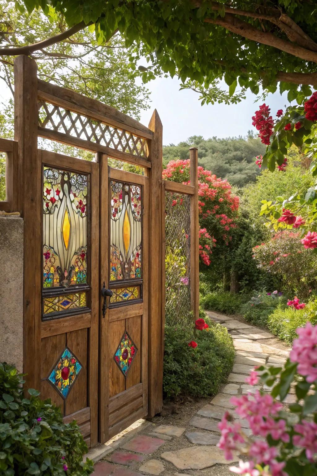 A gate with stained glass accents adds color and elegance.