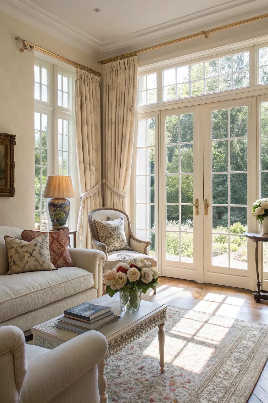 French windows bringing elegance and light into the living room.