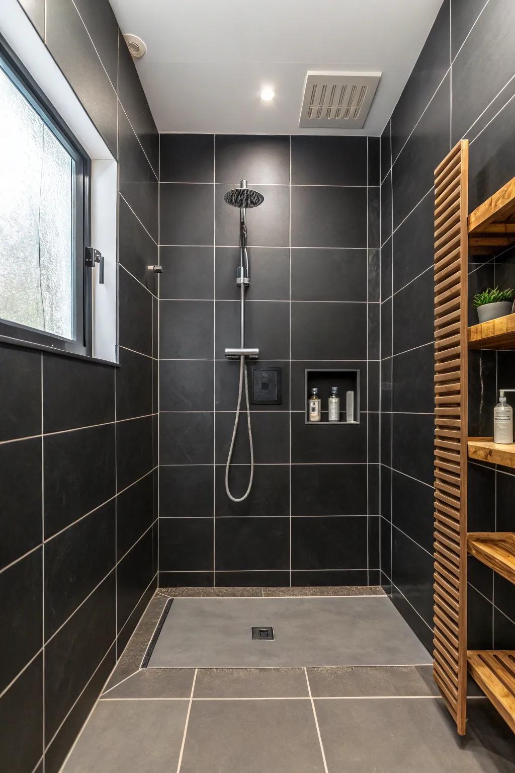 Striking black tiles fashion a dramatic and sophisticated shower area.