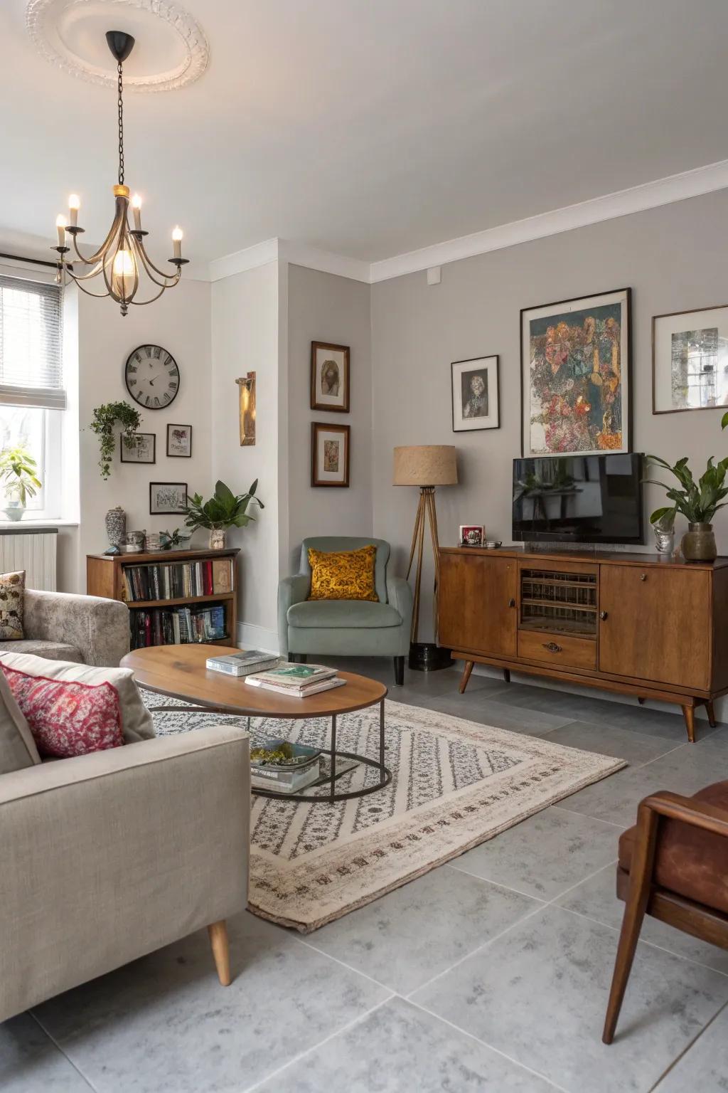 A unique eclectic living room featuring light grey flooring.