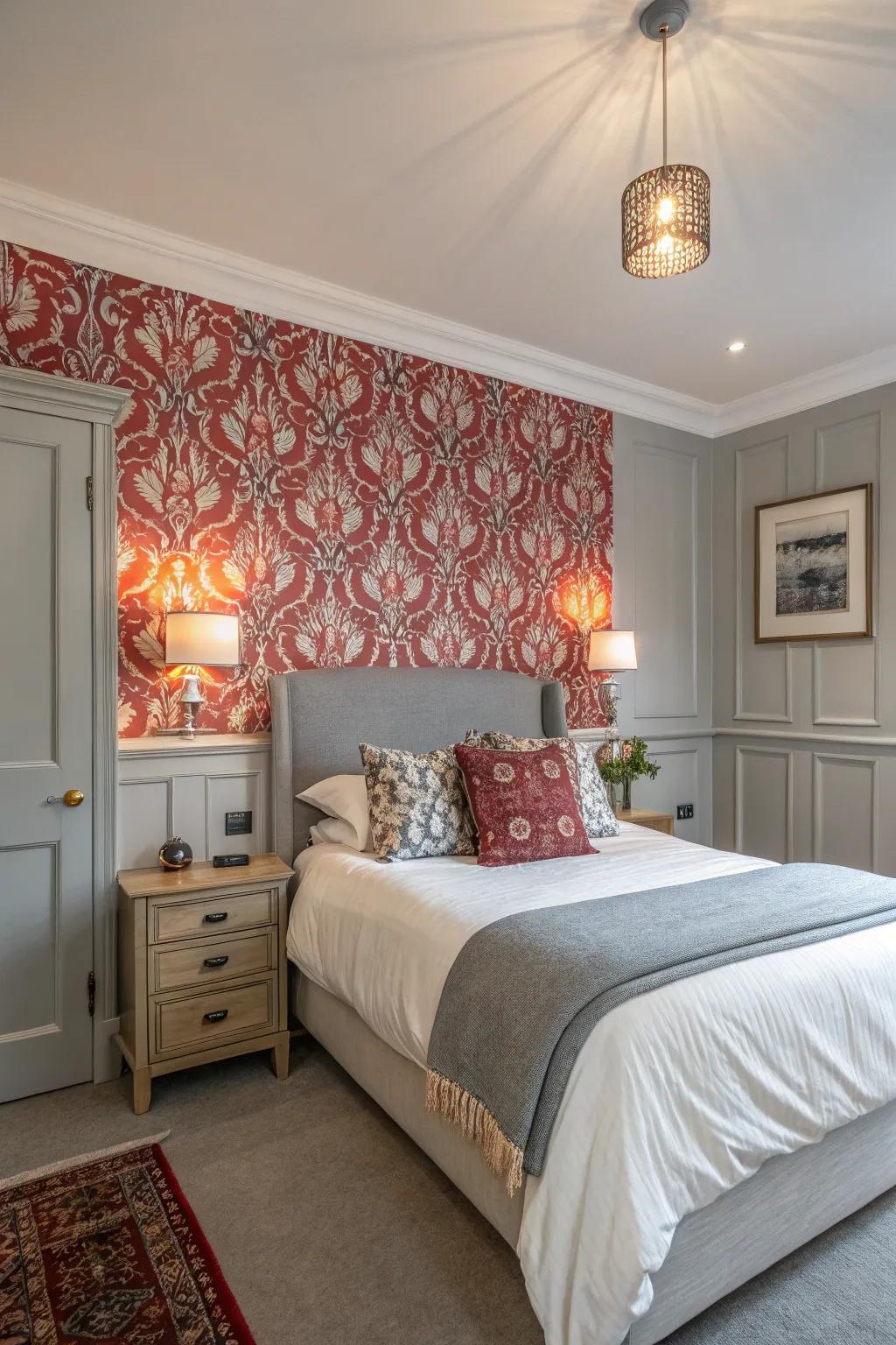 Bold patterns add whimsy to a grey bedroom.