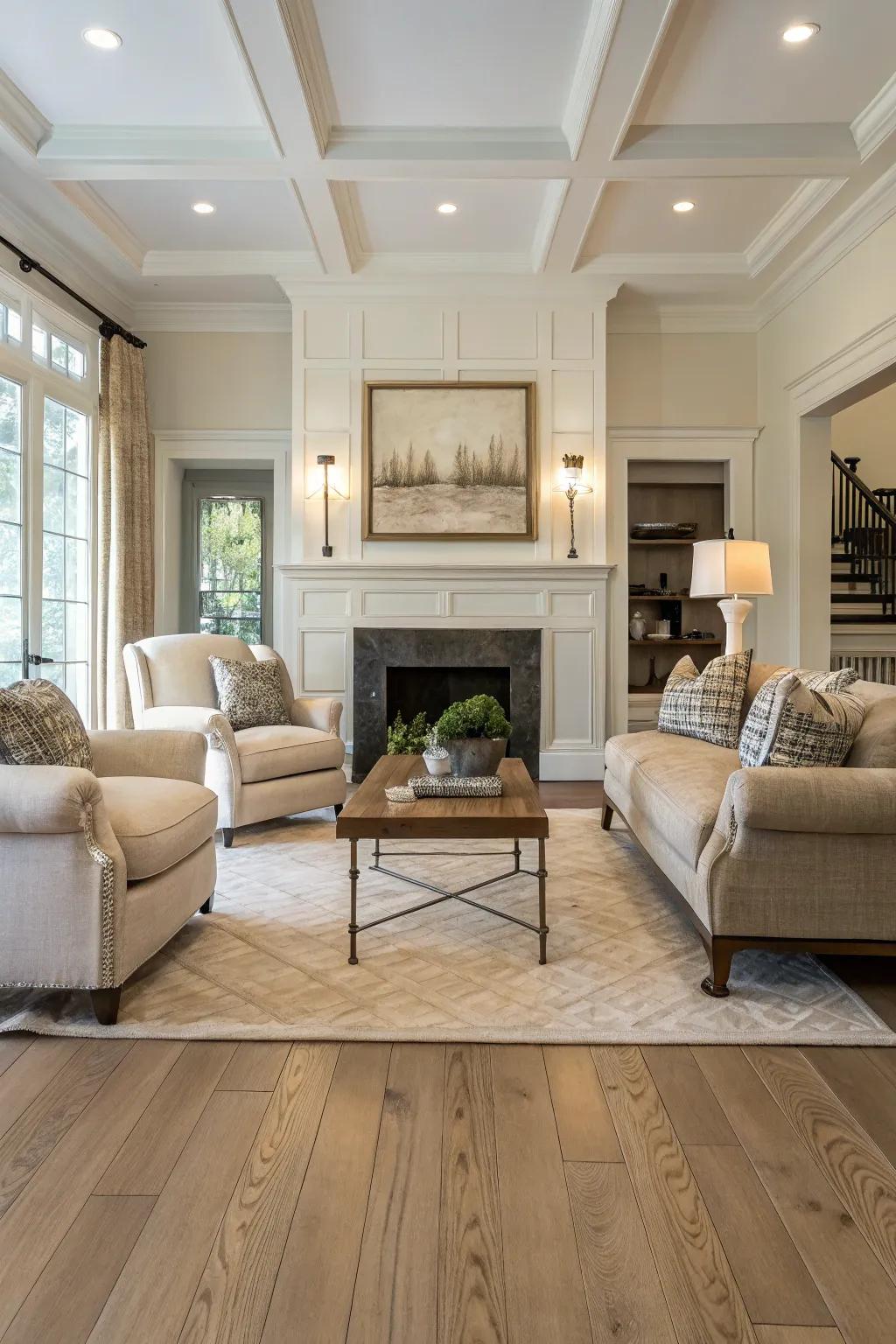 A well-organized living room boasting an even arrangement, brilliantly accentuated by the choice of light wooden floors.