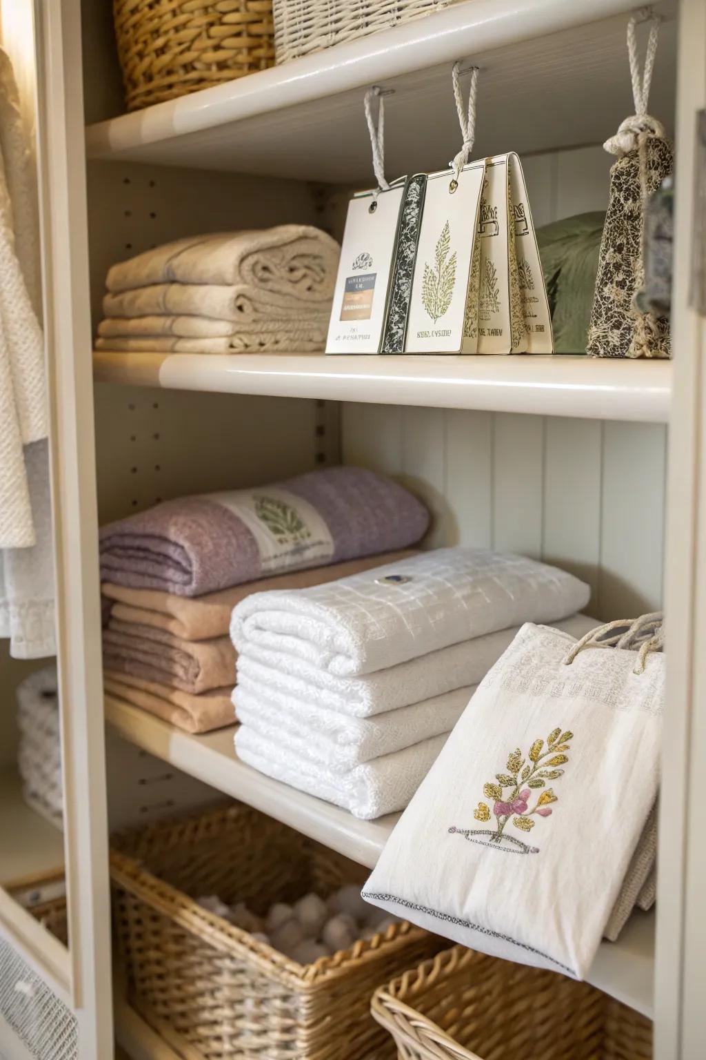 A scented sachet adds a welcoming aroma to a linen closet.