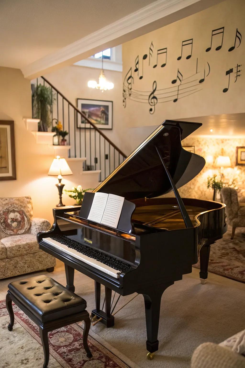 A piano serves as both a musical and decorative element in a corner.